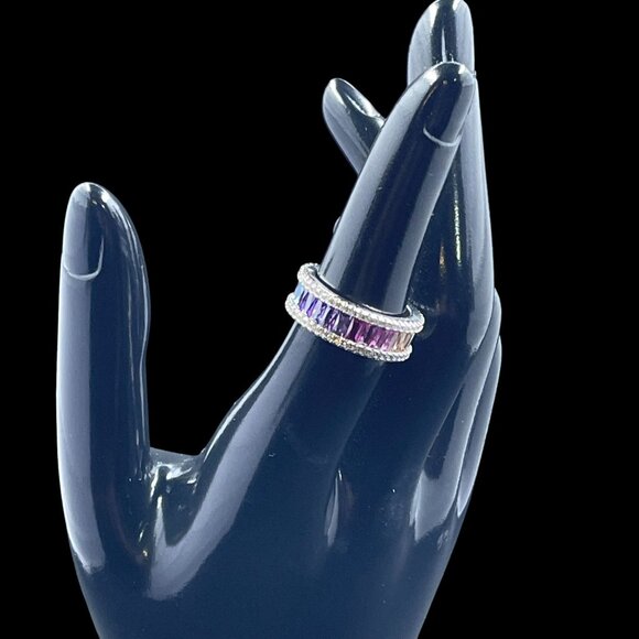 Rainbow Baguette Eternity Ring Silver Plated Size 6 Pride Y2K Bling Statement Gi - Picture 5 of 9
